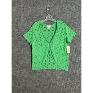 Kim Rogers Womens Crotchet Knit Sweater Sz XL Green Short Sleeve Cottage Retro